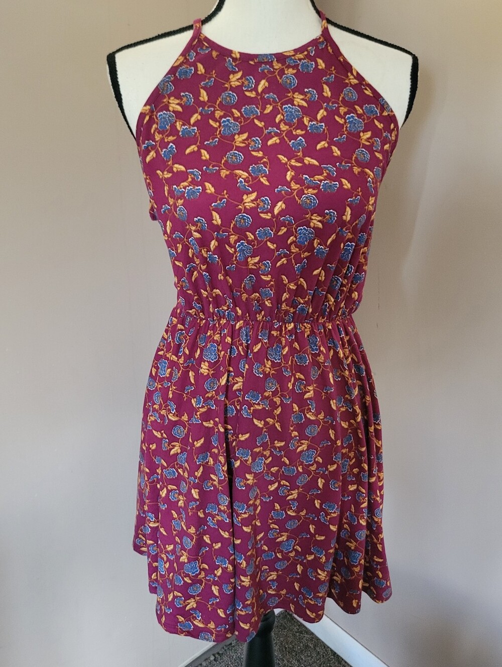 French Grey Berry Halter Mini Dress with Blue and Yellow Floral Print